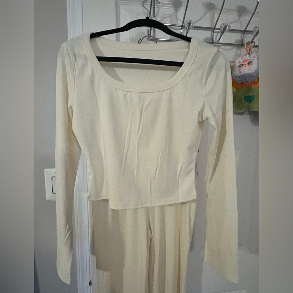 Cream 2 Piece Set Long-Sleeve Shirt with Wide-Leg Pants - Picture 2 of 4